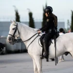 Una agente de Policía a caballo sufre quemaduras al quedar atrapada entre bengalas y el autobús del Atlético